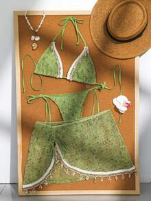 Women's Bikini Set, Crochet Ribbon & Shell Decor Halter Backless Bikini, Bohemian Style Crochet Ribbon & Shell Decor Adjustable Drawstring Vacation Dress - Bright Green - View 2