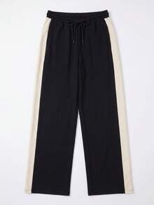 SU ER Men's Summer Casual Drawstring Elastic Waist Loose Drapey Lazy Wide Leg Long Pants - Black - View 7