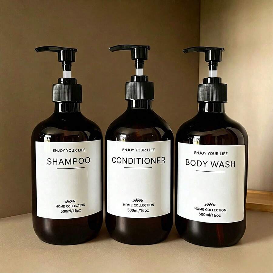 3pcs Reusable 500ml Brown Shampoo, Conditioner, Body Wash Dispenser Bottles With Pump, Bathroom Lotion Dispenser Containers With Waterproof Labels - Multicolor - View 1