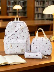 1 Set Fashionable College Style Polka Dot/Floral Pattern Backpack Set, Includes Backpack, Lunch Bag And Pencil Case, With Laptop Compartment, Adjustable Shoulder Straps, Multi-Pocket Large Capacity, Multi-Function School Bag Set, Suitable For Girls/Teenagers/College Students/Graduates Daily Use/Vacation/Travel/Back To School. - 2245 - View 7