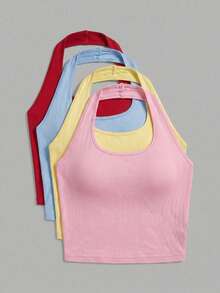 Elastic Ruched Front Spaghetti Strap Cropped Camisole, Fitted Sleeveless Tank Top, Suitable For Fitness, Casual Streetwear Sports - Multicolor - View 2