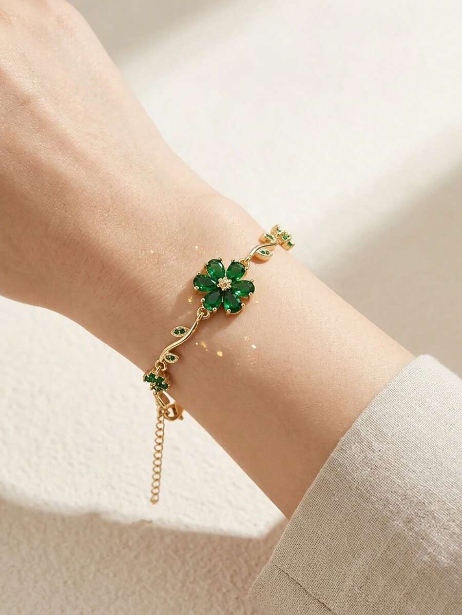 1pc Green Zirconia Petal Bracelet, Full Rhinestone Delicate Branch Flower Bracelet - Flower Bracelet - View 1