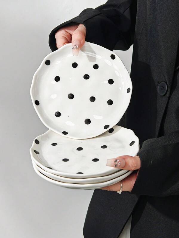 4pcs, 2pcs, 1pc Vintage Polka Dot Asymmetrical Ceramic Plates, 6-Inch Ins Korean Style Creamy Wave Edge Dessert Plates, Home Salad Fruit Cake Plates, Breakfast Plates, Popular Afternoon Tea Tableware, Multi-Purpose, Party Supplies, Hotel Tableware, Elegant Gifts