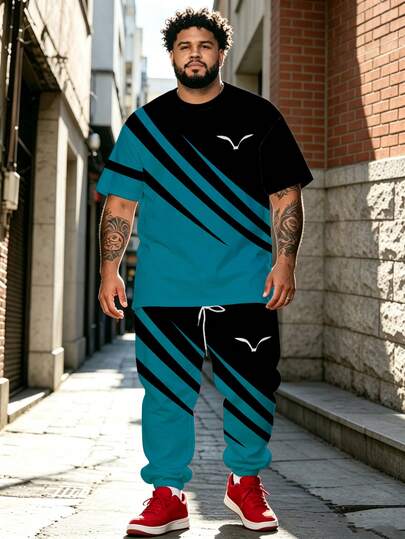 Men's Street Casual Minimalist Series "Diagonal Bird" Pattern Sports Set - Polyester Knit Fabric, Round Neck Design, Drawstring Cuffed Pants, Pocket Details, Regular Fit, Suitable For Plus Size