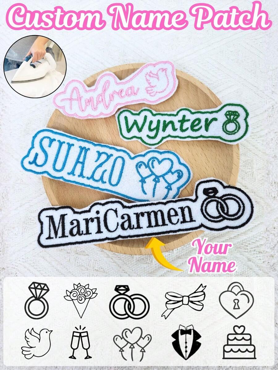 Custom Embroidered Name Patches, Wedding Design, Iron-On/Sew-On Fabric Tags, For Gift Bags, DIY Clothing Decoration, Fabric Crafts Accessories