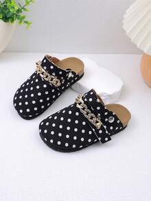 1 Pair Kids Polka Dot Canvas Buckle Half-Slingback Sandals, Adjustable Gold Rhinestone Chain Snap Strap, Anti-Slip Cork Sole, Versatile Casual Shoes For Home And Outdoor, Fashionable Dual-Use, Can Be Worn As Sandals Or Slippers - White - View 3