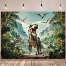 2D Flat Banner1 Dinosaur Jungle Mountain Backdrop, Decorative Background, Photo Prop, Room Decor, Wall Decor, Party Background Decoration, Birthday Party Decoration Supplies, Dinosaur Theme Party Decoration, Gift For Dinosaur Lovers. - Multicolor - View 3