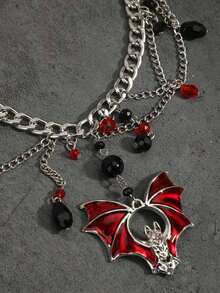 Vintage Gothic Halloween Big Bat Red Bat Sexy Cross Pendant Black Bead Tassel Necklace Women's Personalized Collarbone Chain Versatile Accessory - Red - View 4