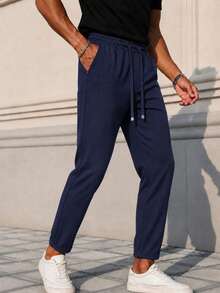 Pantalones casuales de cintura alta con cordón y dobladillo con puño para hombres - Azul Marino - Ver 3