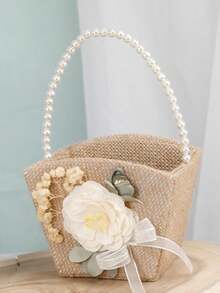1 Rustic Burlap Wedding Flower Basket With Pearl Handle, Petal Basket, Suitable For Vintage Wedding Ceremony; Burlap Ring Pillow, Ring Bearer Pillow, Wedding Ring Bearer Gift, Ring Holder - Multiple Styles - View 8
