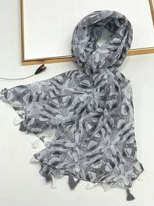 1件裝簡約印花薄款透氣流蘇披肩圍巾，優雅時尚女款絲巾，春夏亮色長圍巾，戶外防曬沙灘巾，百搭頭巾 - 灰色 - 查看 2