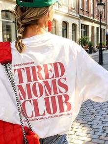 1件女款夏季寬鬆休閒短袖T恤上衣 INS Y2K 隨性運動風「TIRED MOMS CLUB」印花圖案T恤 白色 - 白色 - 查看 1