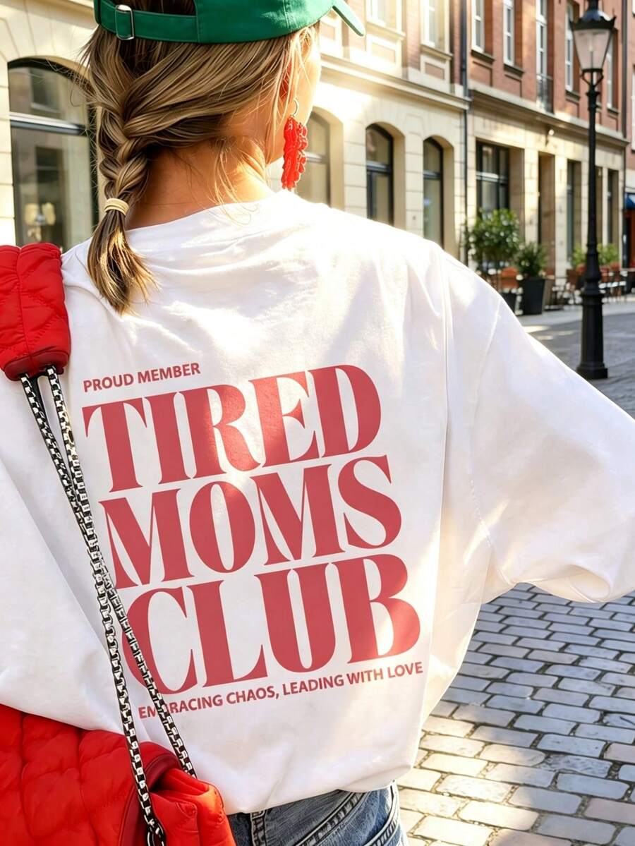 1件女款夏季寬鬆休閒短袖T恤上衣 INS Y2K 隨性運動風「TIRED MOMS CLUB」印花圖案T恤 白色 - 白色 - 查看 1