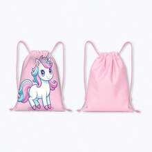 Pink And Blue Unicorn Print Drawstring Backpack Bag For Kids And Girls, Cute School Essential With Cord Closure, Fairytale Travel Accessory For Beach Visits, Dance Class, Camp Activities, Casual Outings And Weekend Adventures - UNICORN-108 - View 2