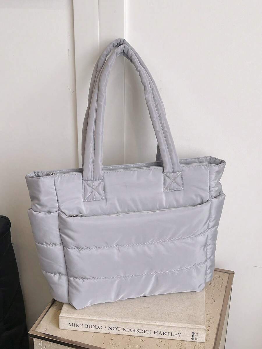 1pc Women's Solid Color Zipper Decor Shoulder Bag Large Capacity Zipper Opening With Compartment Tote Bag