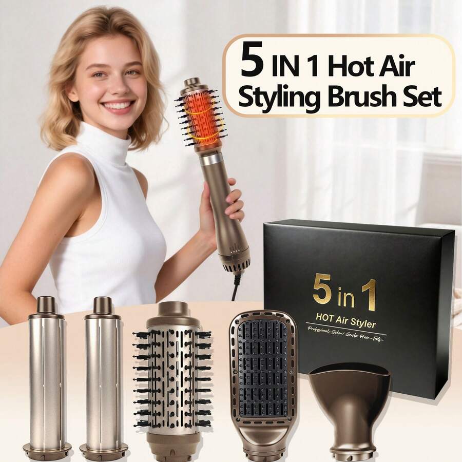 Juego de cepillo secador de pelo 5 en 1 mejorado, moldeador de aire caliente, herramienta de peinado profesional | 5 peines desmontables + 3 modos ajustables | Rizado automático + Estilismo multifuncional, anti-frizz, anti-estático, con forma duradera, para crear flequillo voluminoso/peinados con capas
