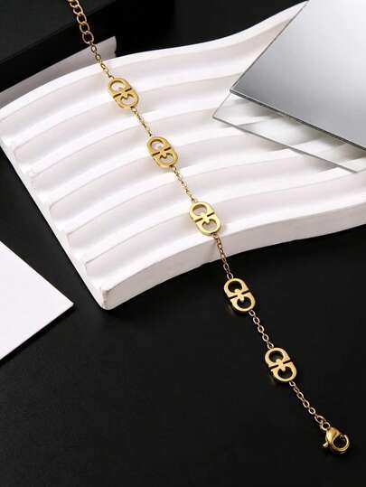 18K Gold Hollow Interlocking Double D Ring Logo Dainty Bracelet, Waterproof Stainless Steel Minimal Luxury Chain Jewelry Gift For Women
