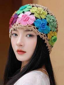 Women's Spring/Summer New Artistic Style Colorful Floral Hollow Swirl Knit Wool Beanie - Multicolor - View 12