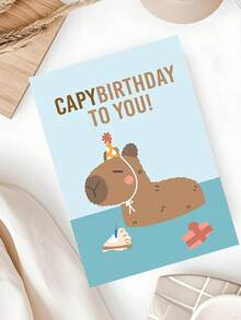 1 tấm thiệp chúc mừng sinh nhật Capybara tắm đáng yêu phong cách hoạt hình, nền xanh nhạt mềm mại, in hình Capy đội mũ tiệc, thiết kế hài hước, quà tặng sinh nhật cho người yêu động vật, trẻ em và bạn thân - Thiệp chúc mừng phong bì dày - Xem 4
