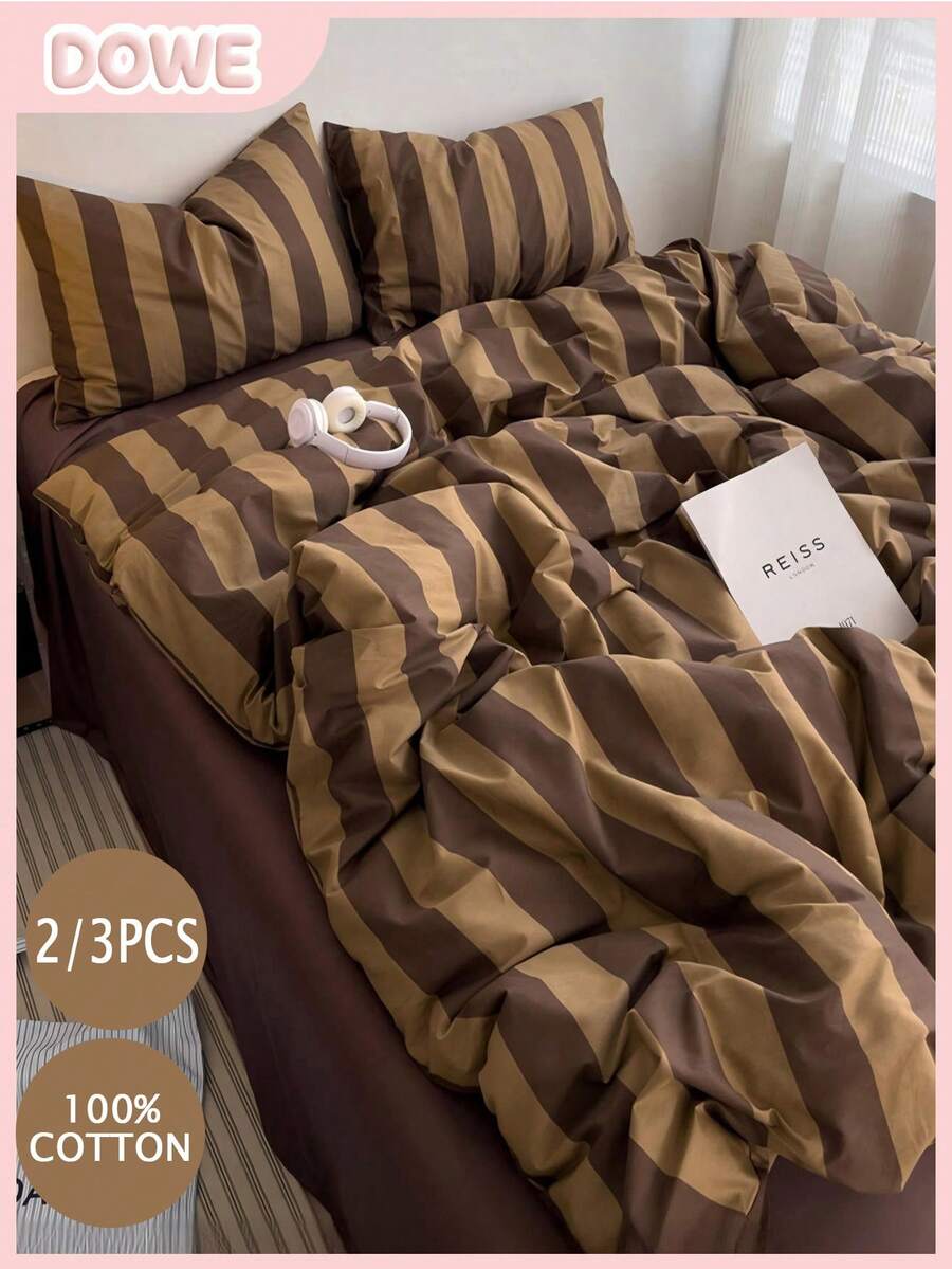2/3件組 100%純棉條紋被套組(不含被芯)-柔軟透氣床寢(1件被套 + 1/2件枕套),現代條紋印花床單被套,適用於臥室/客房,居家與宿舍裝飾必備,四季舒適床寢套組 - 彩色 - 查看 1
