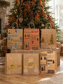 12/24pcs Gold Printed Vintage Kraft Paper Bags, Printed With Gold Reindeer, Snowman, Tree And Holiday Text Patterns. Natural Kraft Paper With Jute Rope Handles And New Year Packaging. - Multicolor - View 9