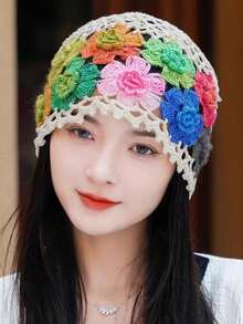 Women's Spring/Summer New Artistic Style Colorful Floral Hollow Swirl Knit Wool Beanie - Multicolor - View 7