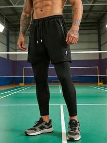 Men's Summer Casual Sports Pants 2-In-1, Drawstring Waist Design, Zipper Pockets On Legs, Lightning Print Pattern, Suitable For Loose Daily Wear - Black - View 3