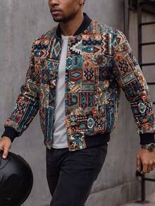 MAISONFOX Men's Street Style Vintage Colorful Print Long Sleeve Short Stand Collar Jacket, Button Jacket, Baseball Jacket, Men's Jacket, Motorcycle Jacket - Black - View 11