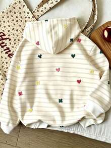 Young Girl Cartoon Pattern Warm Hooded Sweatshirt - Apricot - View 2