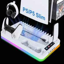 GAMINJA Kühlständer mit RGB-Lampe für CD/Digitale Bearbeitungskonsole, inklusive Doppel-Ladestation für Controller, Kühlventilator, Fernbedienung/CD-Aufbewahrung, USB-Hub und Kopfhörerhalter - Verbesserte Version – Weiß - Übersicht 9