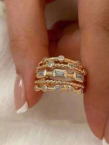 1 pieza Anillo exquisito de tono dorado multicapa, incrustado con circonita cúbica de corte redondo y rectangular, con detalle de cadena de cuentas, anillo personalizado para fiestas y uso diario - Multicolor - Ver 4