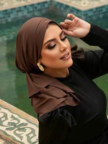 1pc Solid Color Women's Middle Eastern Arabic Classic Fashion Elegant Casual Versatile Ribbon Hijab Cap Wide Brim Curved Hat Swimming Sports Headscarf Hijab Hat Turban Cap Suitable For Daily Outdoor Wear - Coffee Brown - View 4