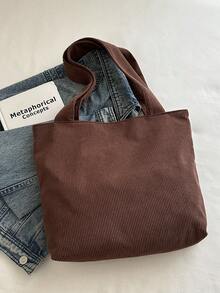 Corduroy Solid Color Shoulder Tote Bag - Coffee - View 9