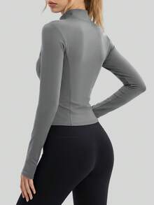 NcmRyu Women's 1pc Metal Zipper Small Stand Collar Thumb Hole Long Sleeve Slim Fit Sports Jacket - Grey - View 3