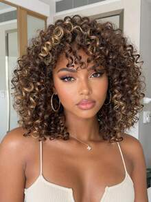 70s African Style Bangs Wig, Ombre Golden Curly Wig, Fluffy Curly African Style Wig, High Quality Synthetic Large African Style Wig 12-Inch Afro Wig - Multicolor - View 2