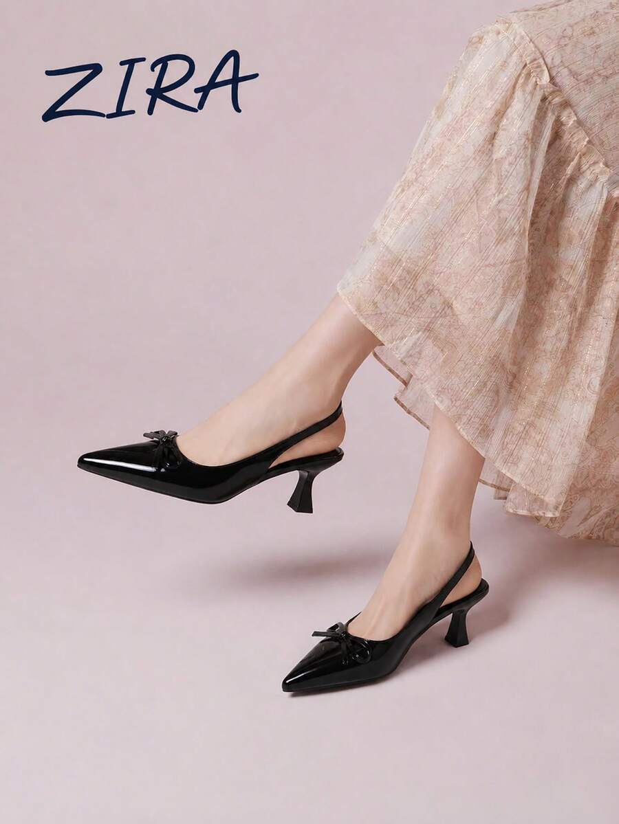 Zira 夏季新品:精緻蝴蝶結尖頭高跟鞋,附後背帶裝飾,適合購物、休閒穿搭與甜美通勤風格,黑色、白色、裸色可選 - 黑色 - 查看 1