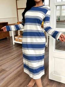 Women's Simple Comfortable Long Sleeve Maxi Nightgown, Autumn/Winter - Blue and White - View 5