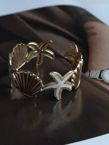 White Collection Stainless Steel Enamel Adjustable Open Cuff Bracelet, Starfish Shell Heart Design, Minimalist Fashion Summer Beach Romantic Nautical Personalized Stackable Vintage Clothing Accessory - White - View 9