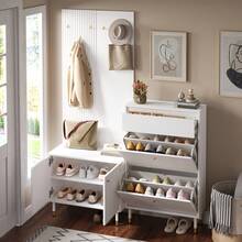 Entryway Storage Rack Set, Slim Folding Shoe Cabinet With Metal Hooks, Multifunctional Hallway - 白色 - 查看 2