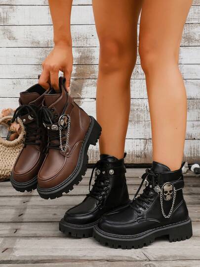Women's Y2K Subculture Skull Chain Thick Sole Boots Black Lace-Up Chunky Heel Street Style Hot Girl Autumn/Winter Abkle Boots