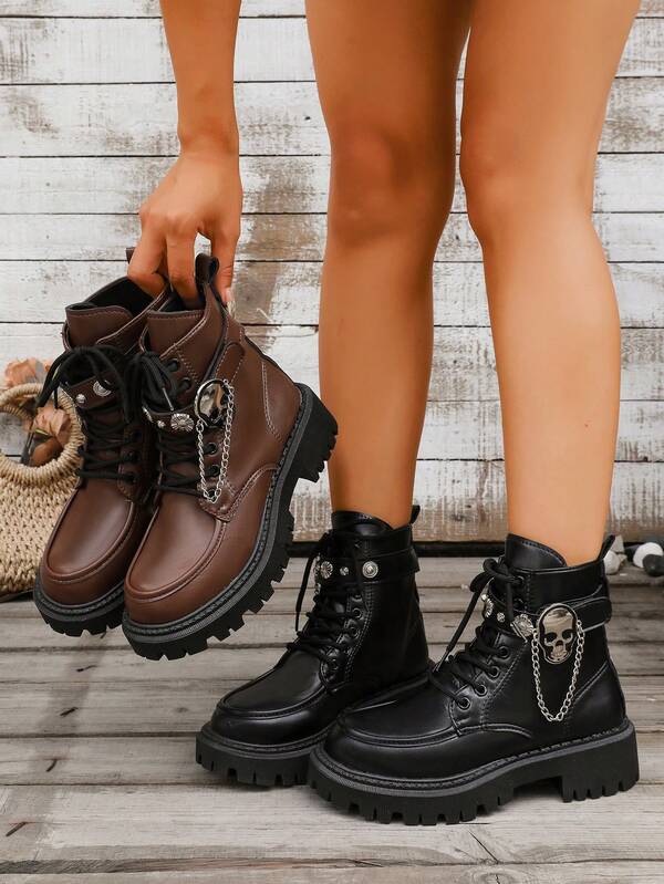 Women's Y2K Subculture Skull Chain Thick Sole Boots Black Lace-Up Chunky Heel Street Style Hot Girl Autumn/Winter Abkle Boots