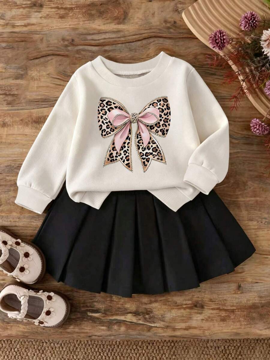 Baby Girl Cartoon Pattern Round Neck Long Sleeve Top And Skirt - White - View 1