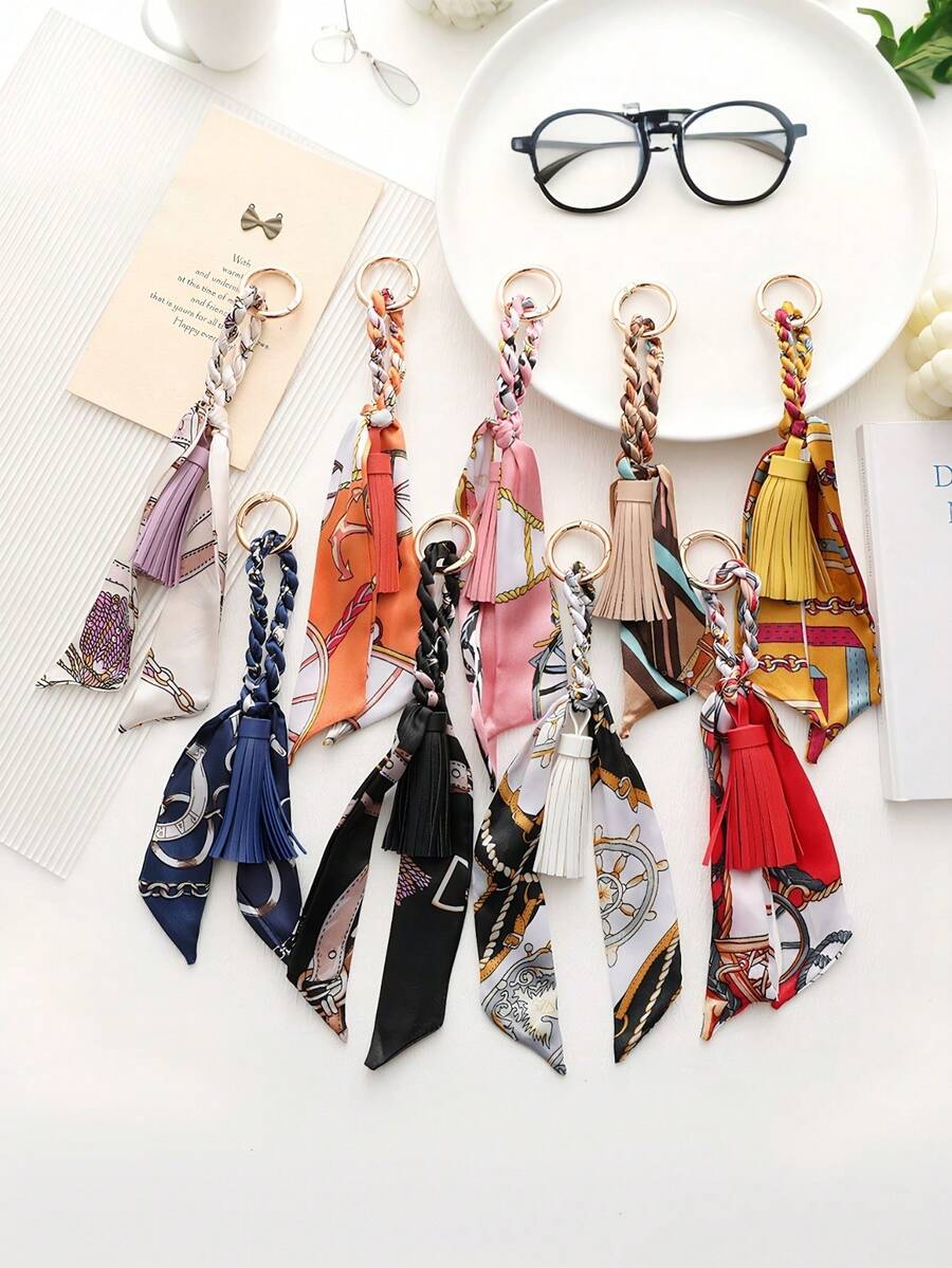 1pc French Style Tassel Scarf Keychain, Luxury Fashion Ribbon Bow Bag Charm, Scarf Tassel Pendant Key Ring, Car Key Decorative Hanging Ornament