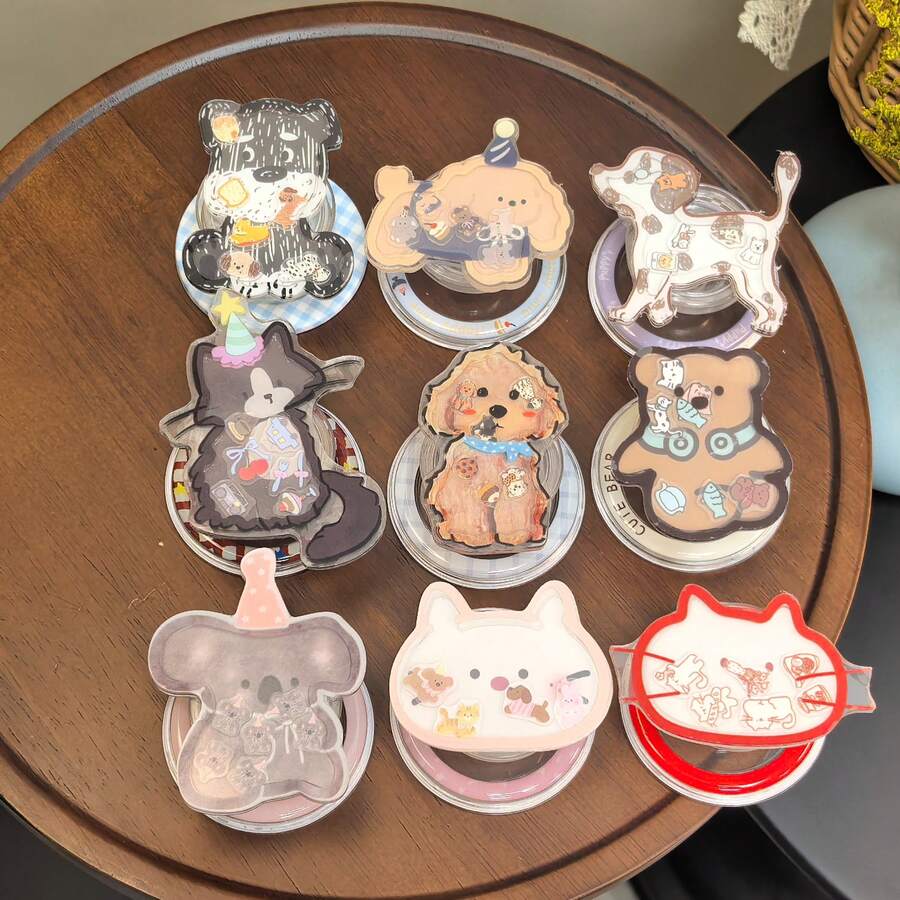 1組甜美3D卡通寵物Magsafe手機支架,透明壓克力動物圖案可拆卸磁吸手機架,適用多種場景,自拍、視訊通話與桌面觀看 - 彩色 - 查看 1