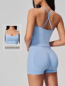 NcmRyu Women's One Set Solid Color U-Neck Spaghetti Strap Y-Shaped Criss-Cross Back Ribbed High Waist Shorts Sports Set - Baby Blue - View 1