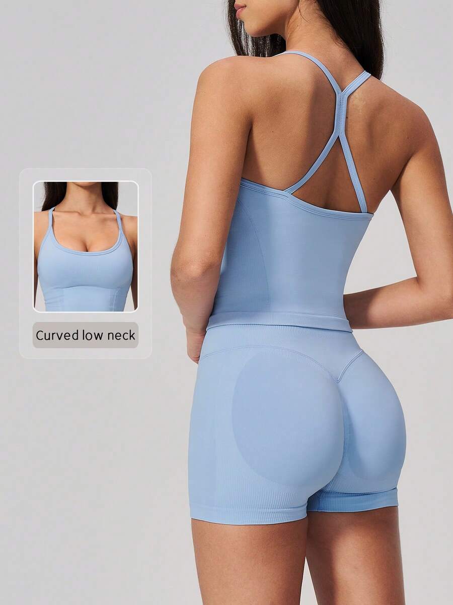 NcmRyu Women's One Set Solid Color U-Neck Spaghetti Strap Y-Shaped Criss-Cross Back Ribbed High Waist Shorts Sports Set - Baby Blue - View 1