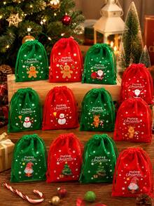 12/6/1pc Christmas Gift Bags, Christmas Gift Pouches, Christmas Drawstring Bags With Santa Claus, Reindeer, Christmas Tree Pattern Prints, Suitable For Christmas Tree Decoration Gift Bags, Red And Green Christmas Gift Bags, Flannel Drawstring Small Bags, Christmas Surprise Gift Box Bags, Suitable For Christmas Decoration, Christmas Party Small Gifts, Christmas Style Pattern, Snowman Gift Bags, Birthday Gift Bags - Multicolor - View 1