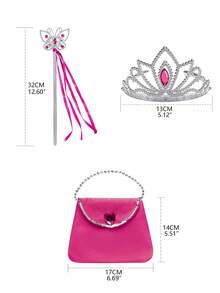 4pcs/Set Girls Rose Red Bubble Short Sleeve Dress Crown Handbag Set Children Princess Role Play Party Performance Christmas Carnival Costume - Hot Pink - View 3