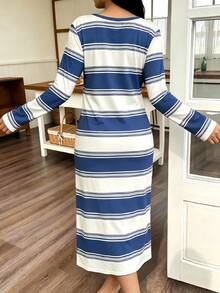 Women's Simple Comfortable Long Sleeve Maxi Nightgown, Autumn/Winter - Blue and White - View 2