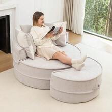 Round Sofa With 5 Cushions And Ottoman For Living Room And Bedroom - 灰色 - 查看 12